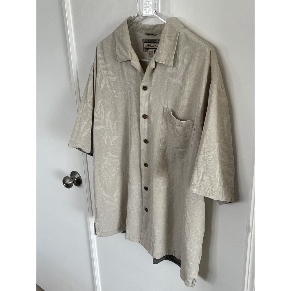 Jamaica Jaxx 100% Silk Jacquard Camp Shirt XL Beige Tropical Resort Aloha - Picture 2 of 9